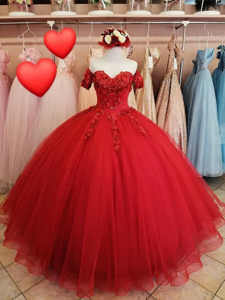Pretty V Shaped Basque Beaded 3D Flowers Red Quinceanera Dress Anos - Click Image to Close