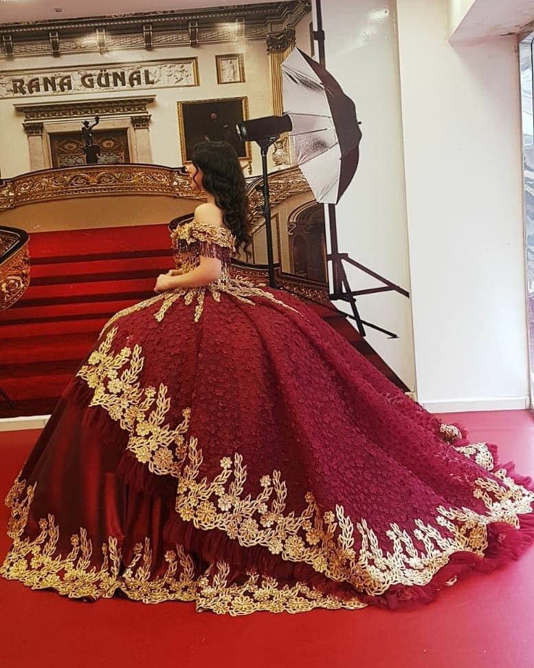 Off Shoulder Burgundy With Gold Lacework Hemline Quinceanera Ball Gown - Click Image to Close