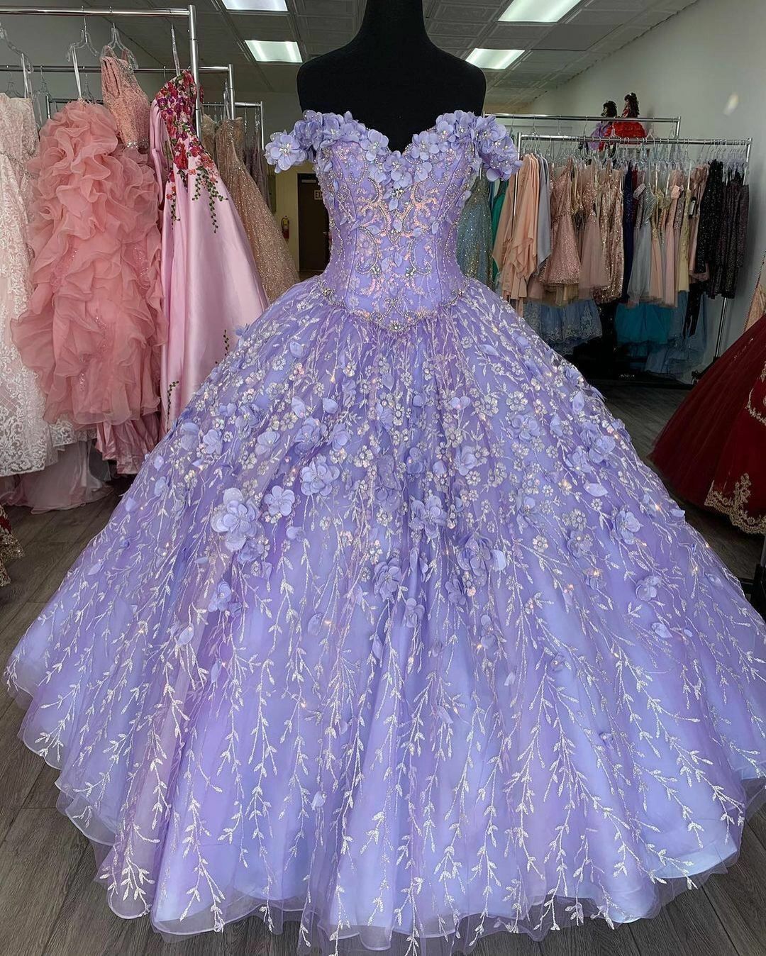 2023 Popular Off Shoulder Lavender 3D Flowers Quinceanera Dress Detachable With Cape Hat - Click Image to Close