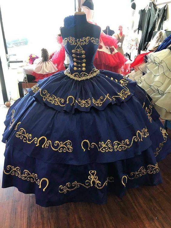 Charro Embroidery Black and Gold Quince Dress Anos Vestido 15th Birthday Girl - Click Image to Close