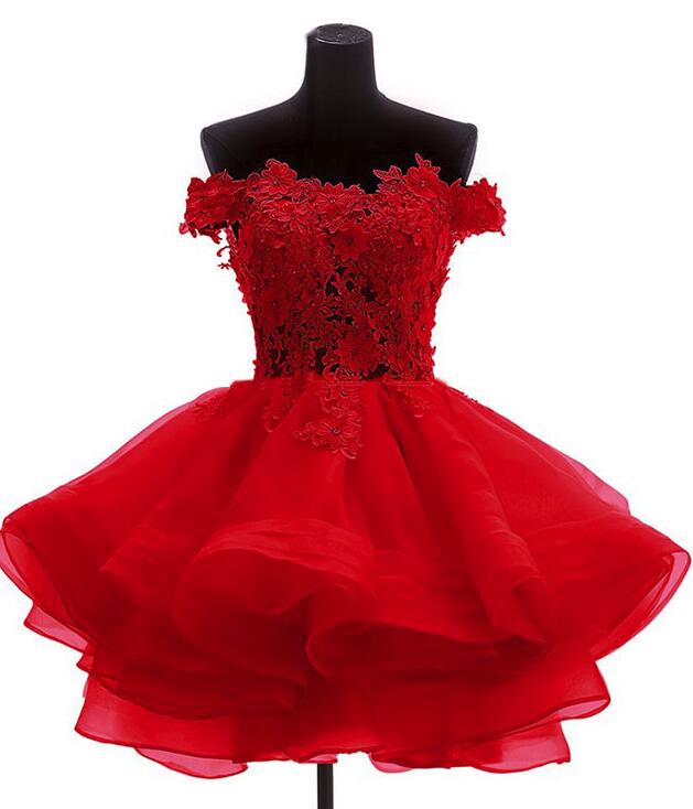 Sexy Transparent Lace Bodice Horsehair Ruffles Short Prom Dress Red - Click Image to Close