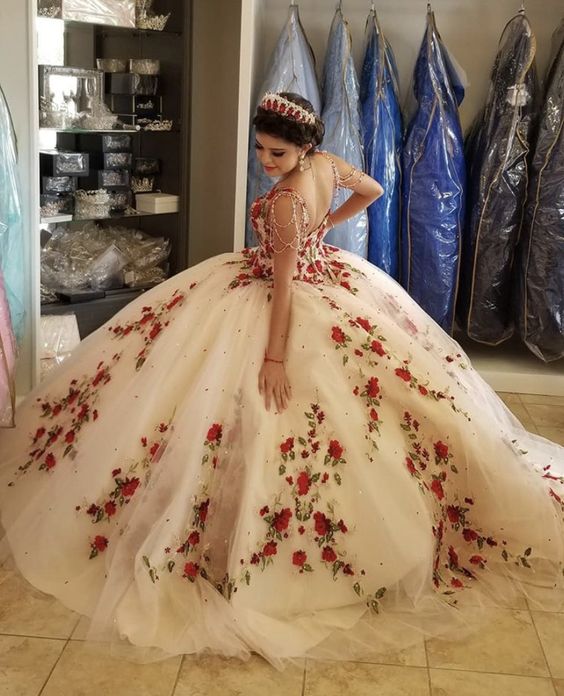 Beige Sweetheart Floor Length Rose Floral Quinceanera Dress Boutique - Click Image to Close