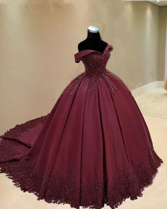 Off Shoulder Lapel Collar Burgundy Pleats Skirt Applique Quinceanera Dress Simple - Click Image to Close