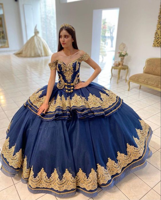 Charra Medal Medallions Deep Royal Blue and Gold Quinceanera Dresses Layers - Click Image to Close