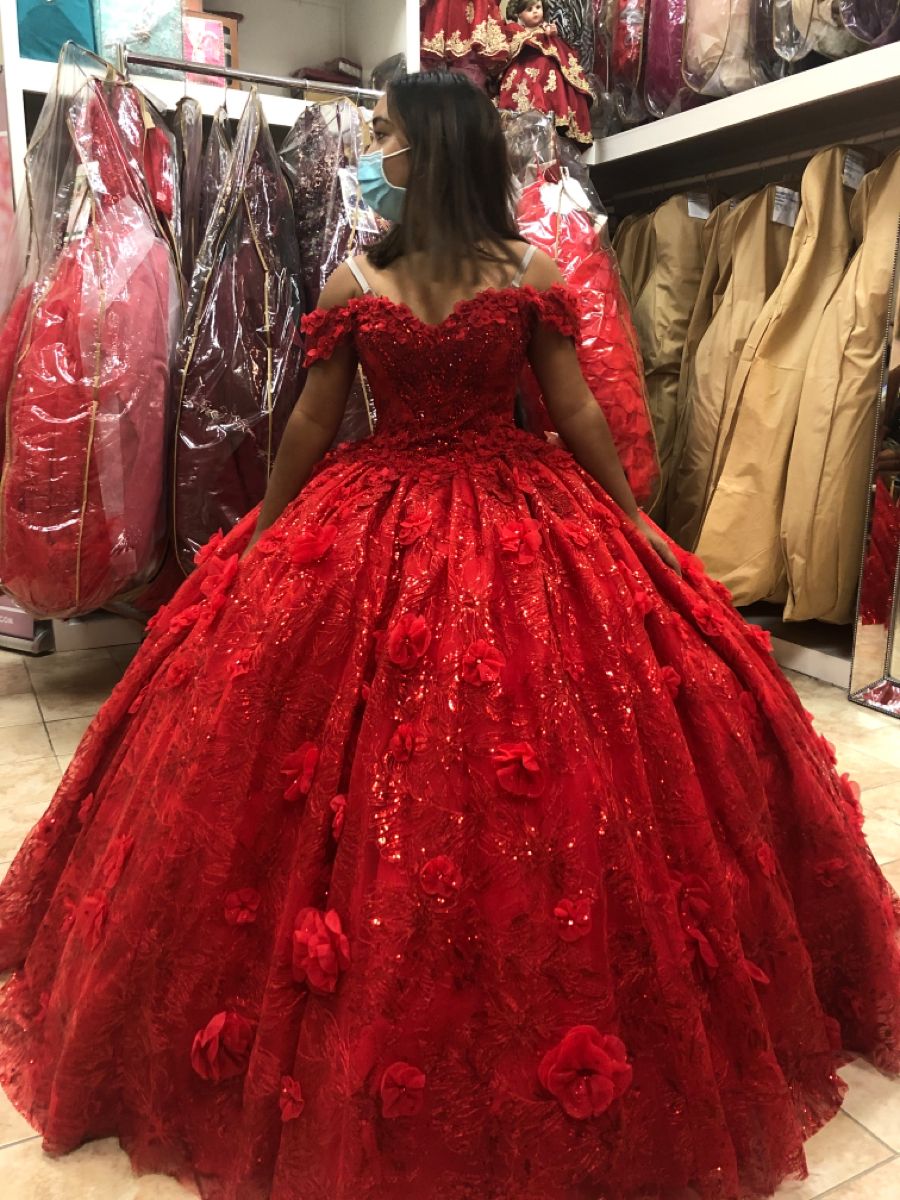 Off Shoulder Glitter Lace and 3D Flowers Designer Quinceanera Dress Red - Click Image to Close