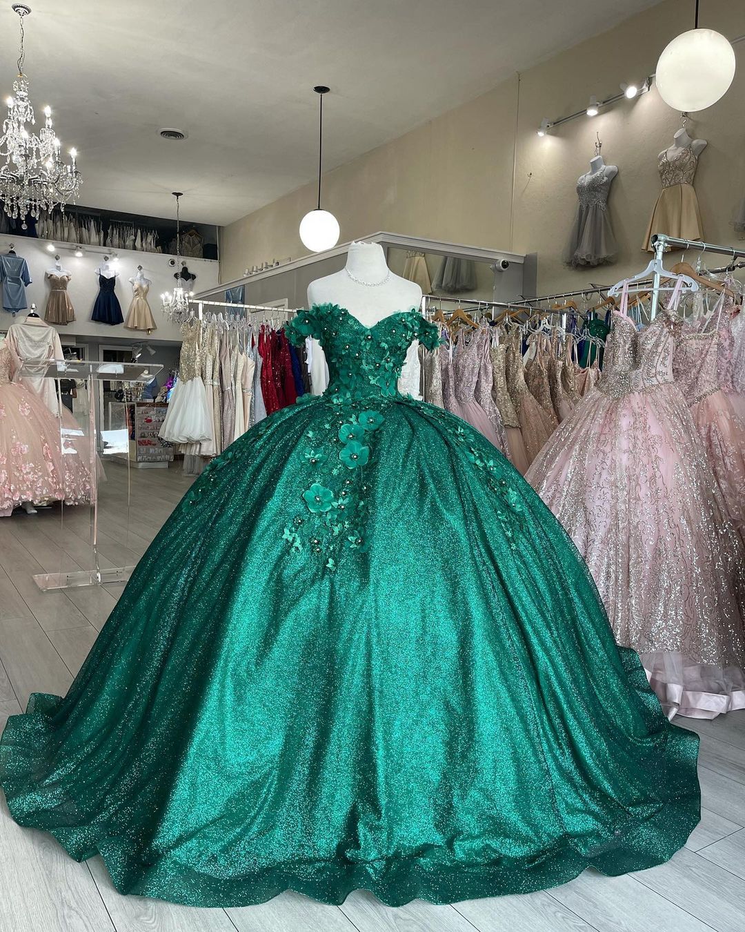 Off Shoulder Glitter Twinkling Lace Emerald Green Quinceanera Dress With 3D Flowers - Click Image to Close