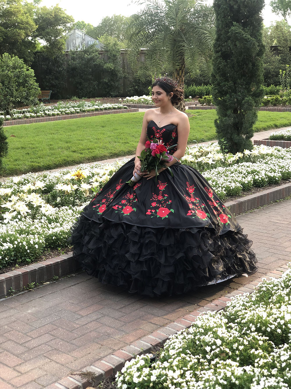 Romantic Black Organza and Rose Pattern Embroidery Charro Quinceanera Dress Ruffles Train - Click Image to Close