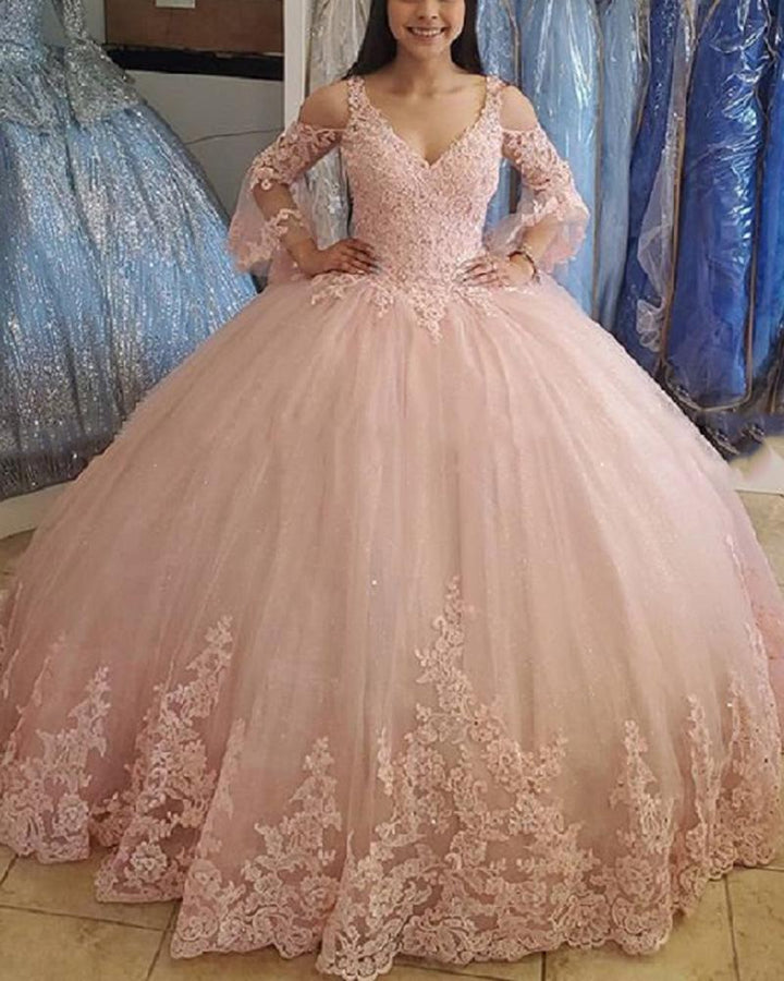 Beaded V Neckline Flare Long Sleeves Blush Pink Princess Quinceanera Dress Applique Lace - Click Image to Close