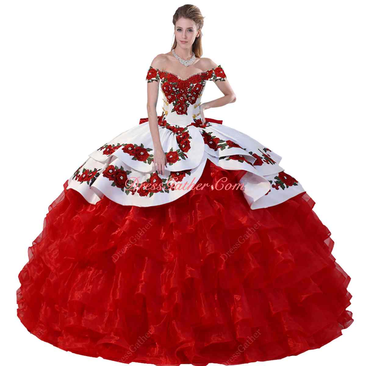 Off Shoulder 3D Flowers Mexican Charra Vestido De Anos XV Quinceanera Ball Gown White and Red - Click Image to Close