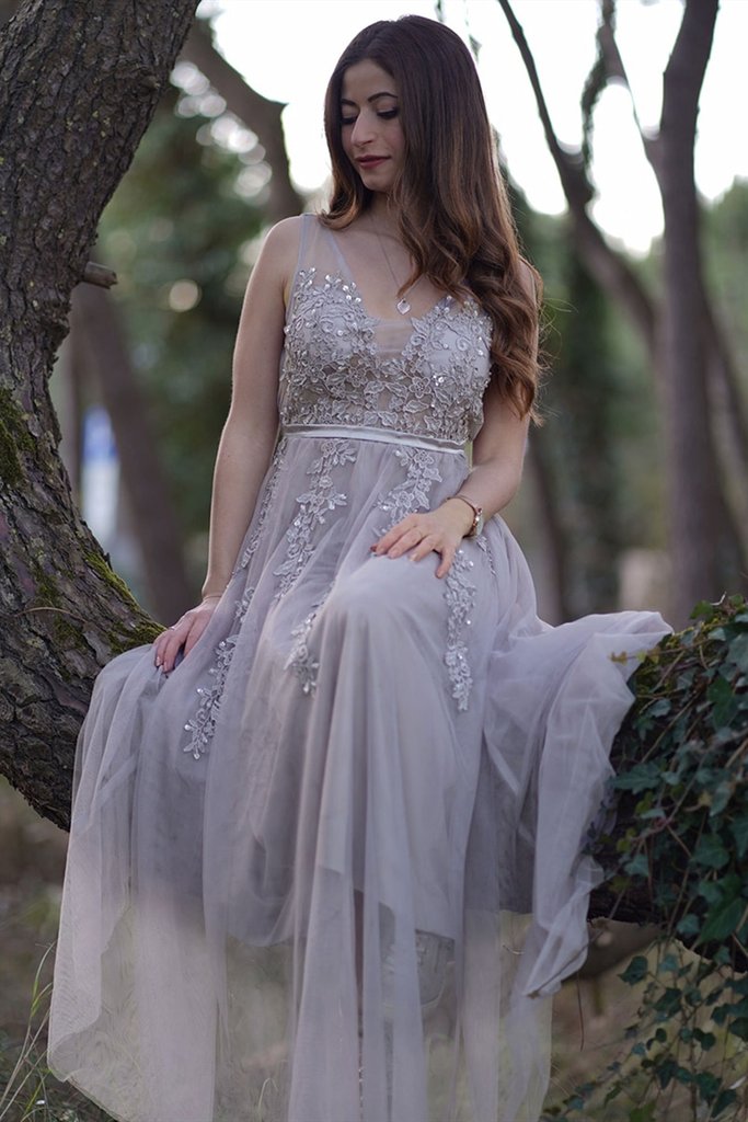 Designer See-Through Bodice Silver Tulle Prom Dress With Beading Applique - Click Image to Close