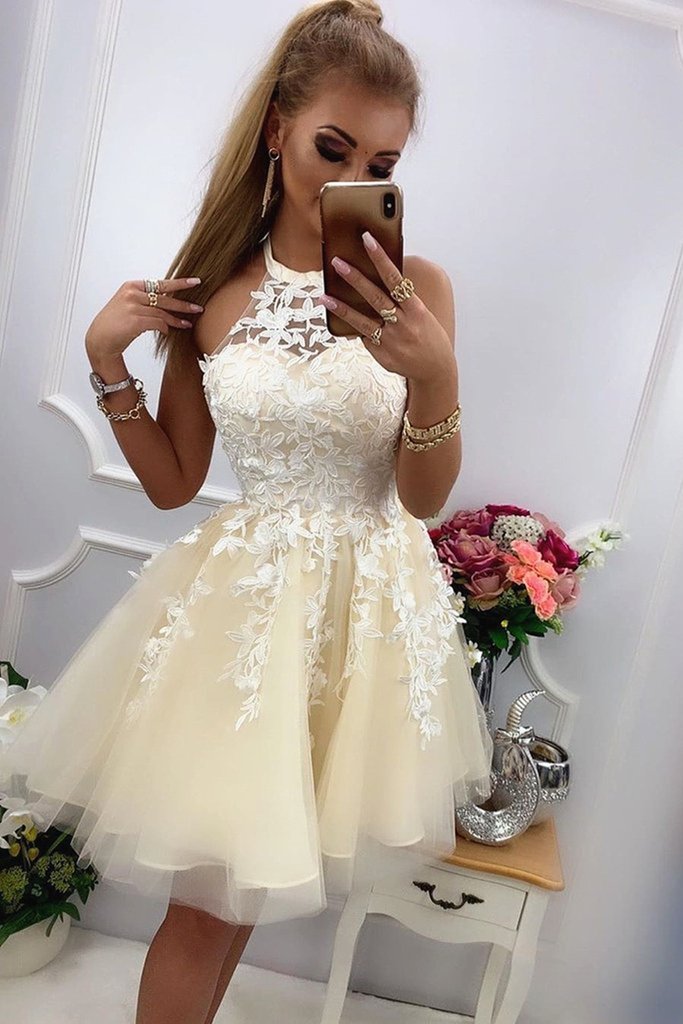 Sheer Halter Sweetheart Inside Champagne Graduation Homecoming Dress Girl - Click Image to Close