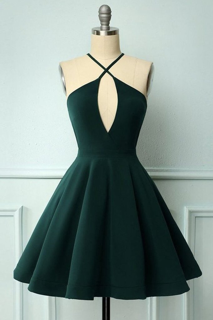Cross Straps Keyhole Front Deep Green Homecoming Dress Little Prom Dress - Click Image to Close