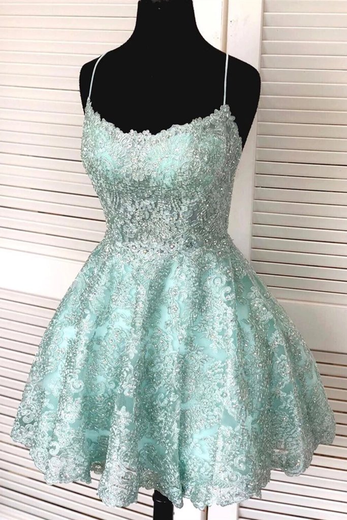Spaghetti Straps Crossed Back Mint Green Short Cocktail Dress Fully Applique - Click Image to Close