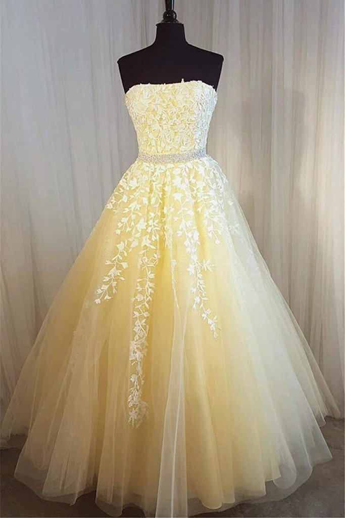 Strapless Light Yellow Formal Party Dress Embellished With Leaves Pattern Lace - Click Image to Close