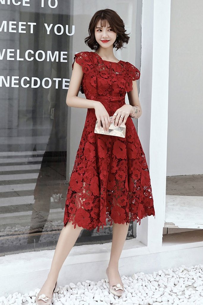 Round Neckline Cap Sleeves Tea Length Mother Of Bride Dress Red Lace - Click Image to Close
