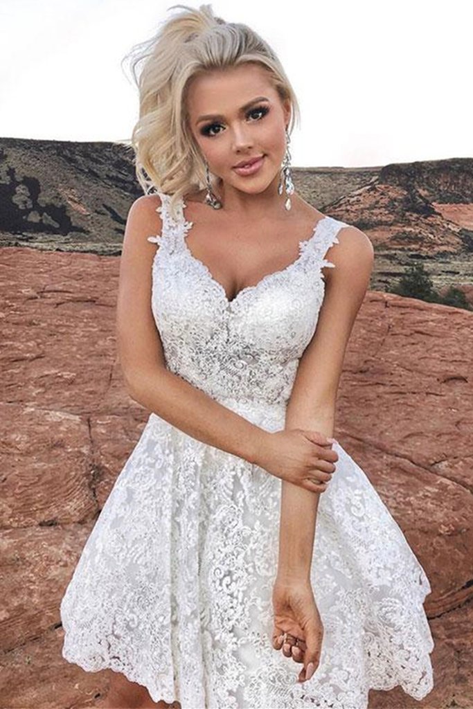 Romantic Full Lace White Short Garden Wedding Dress Beach Wedding Dress - Click Image to Close