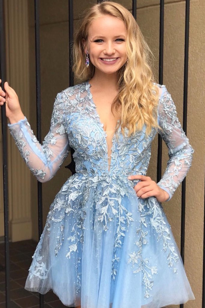 Sheer Long Sleeves Baby Blue Cocktail Dress Leaves Pattern Lace With Beading - Click Image to Close