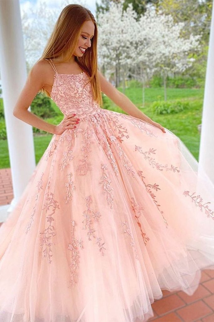 Designer Spaghetti Straps Applique Bateau Neckline Blush Pink Prom Gown - Click Image to Close