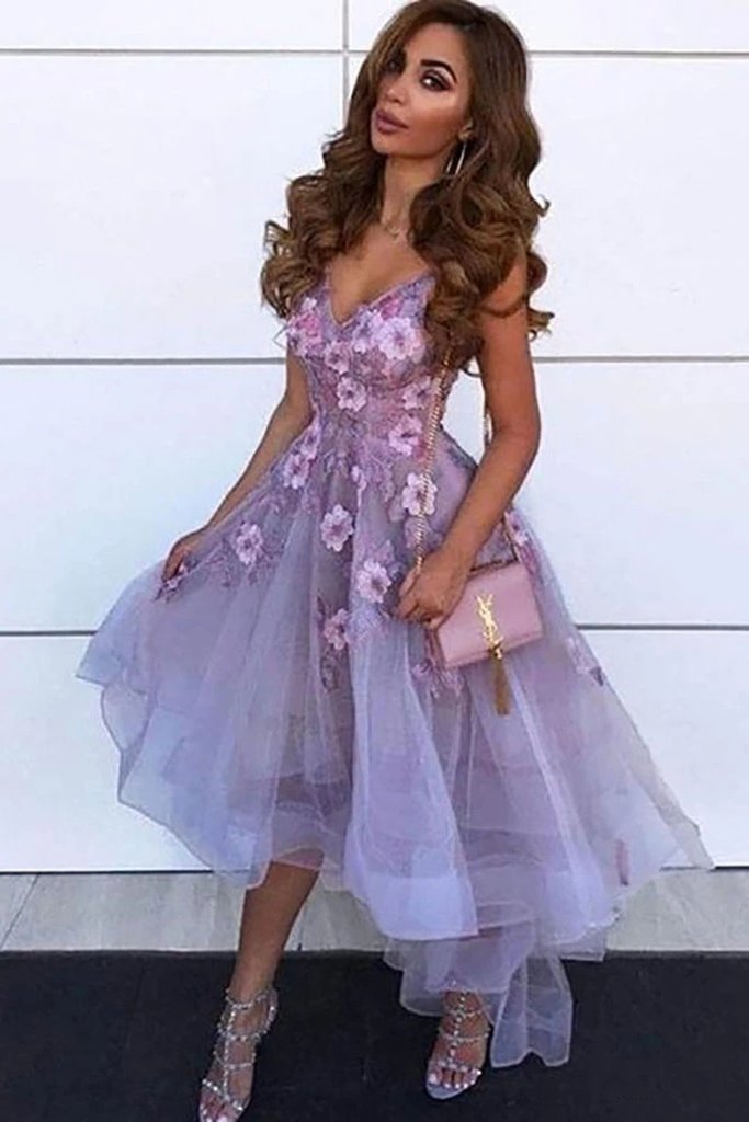 Pretty 3D Flowers Adorned Lavender High Low Cocktail Dress Hi-Lo - Click Image to Close