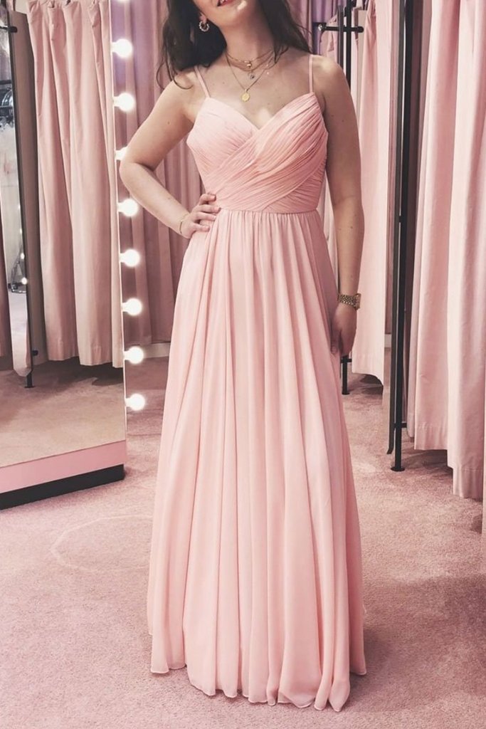 Spaghetti Straps Crossed Pleats Long Bridesmaid Dress Blush Pink - Click Image to Close