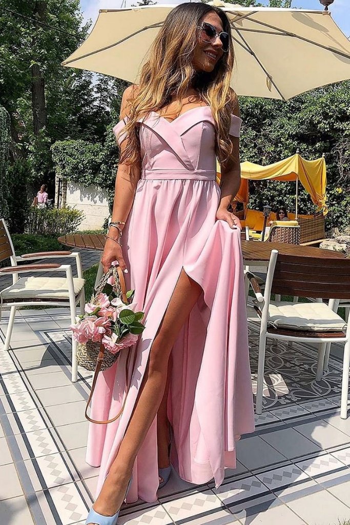 Lovely Off Shoulder Pink Floor Length Formal Prom Dress With High Slit - Click Image to Close
