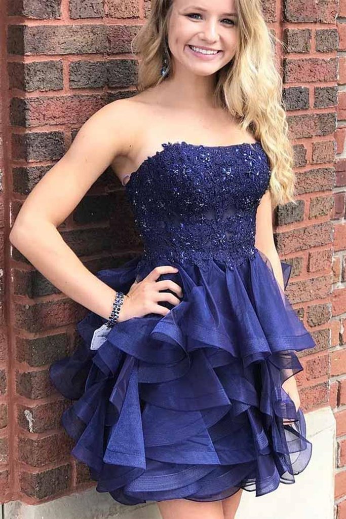 Strapless Beaded Applique Royal Blue Cocktail Dress Horsehair Ruffles Mini Skirt - Click Image to Close