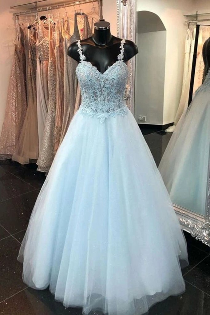 Dual Floral Straps Sheer Bodice Baby Blue Tulle Formal Dress With Applique - Click Image to Close