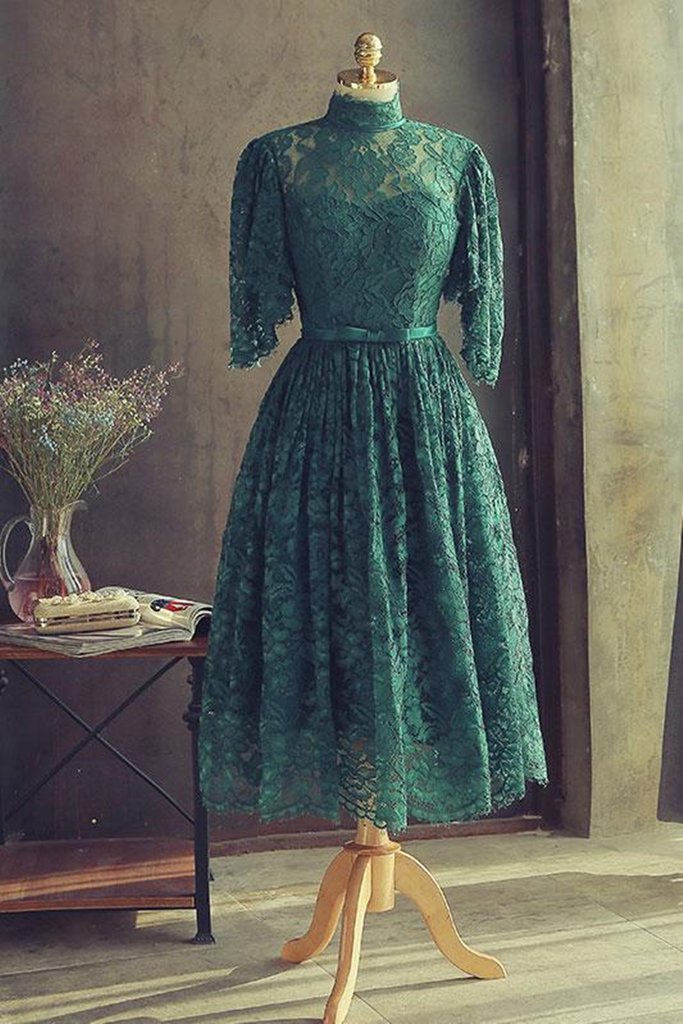 High Neck Flutter Bat Wing Sleeves T-Length Mother of Bride Dress Emerald Green Lace - Click Image to Close