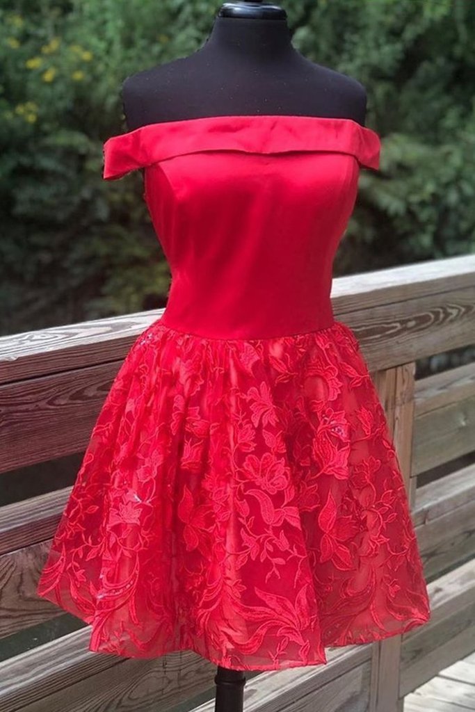 Off Shoulder Knee Length Satin and Floral Lace Cocktail Dress Beautiful - Click Image to Close