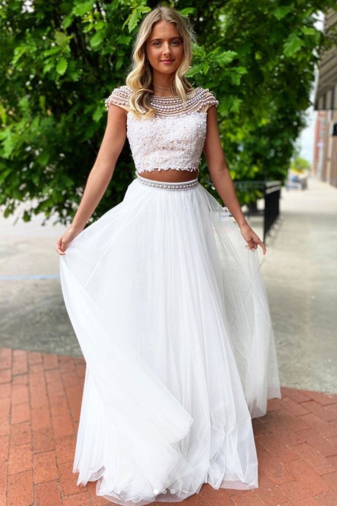 Pearl Rows Around Neckline Two Pieces Applique White Pageant Gowns Elegant - Click Image to Close