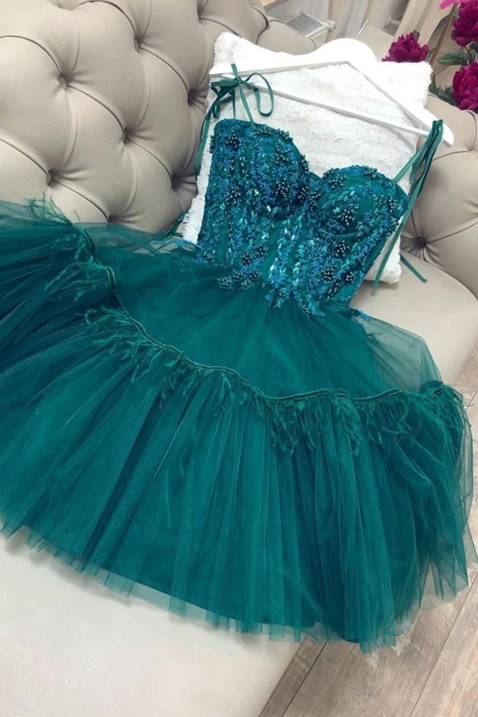 Peacock Green Spaghetti Straps Beaded Lace Short Prom Cocktail Dress With Feather - Click Image to Close