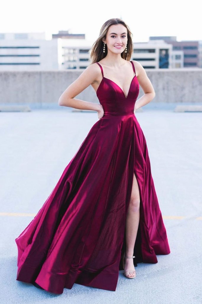 Deep Sweetheart With Spaghetti Strap Fuchsia Formal Evening Dress High Slit - Click Image to Close