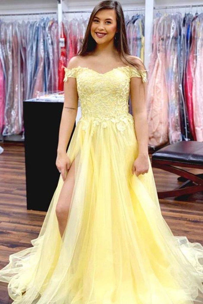 Designer New Off Shoulder Daffodil Mesh Prom Evening Dress With Split - Click Image to Close