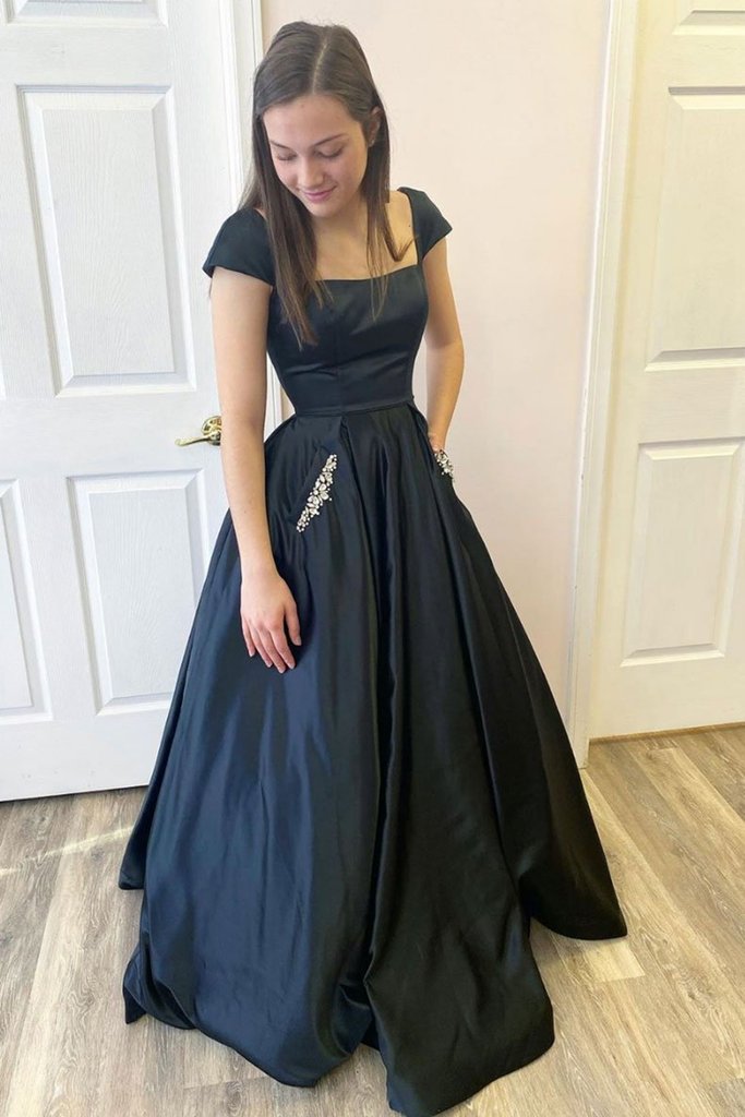 Cap Sleeves Lace Up Back Loose Skirt Navy Blue Fiesta Pageant Gown With Pockets - Click Image to Close