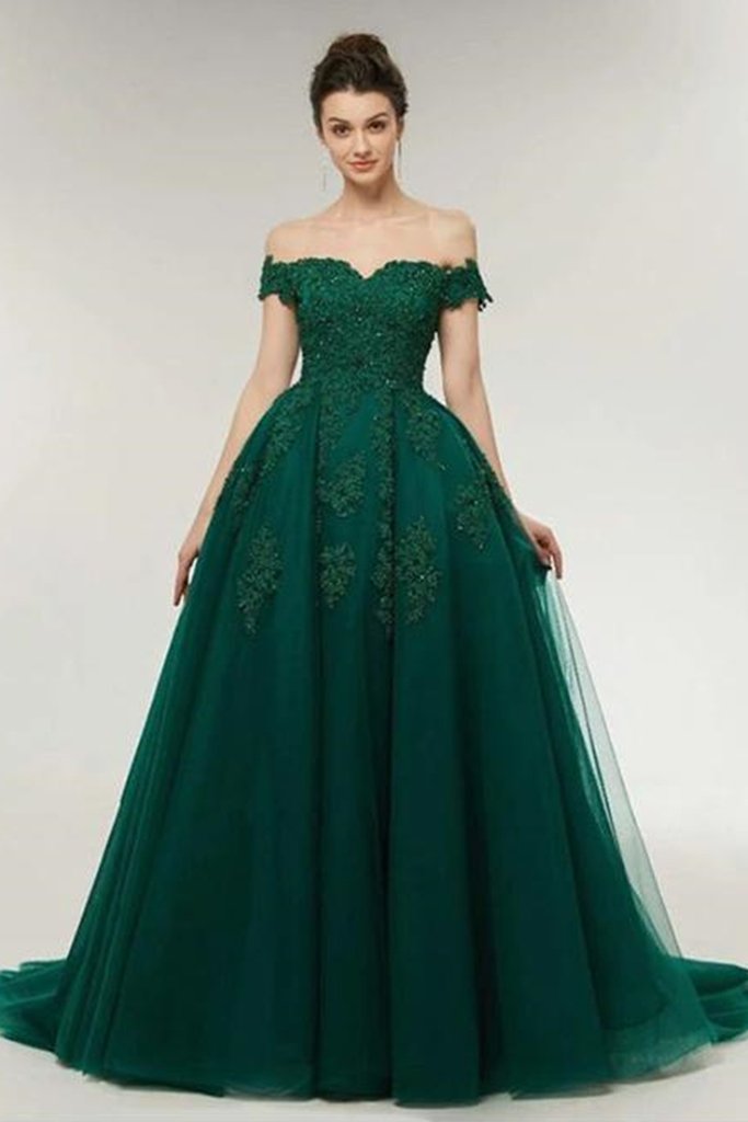 Brand New Off the Shoulder Beaded Applique Dark Green Evening Gown Lady - Click Image to Close