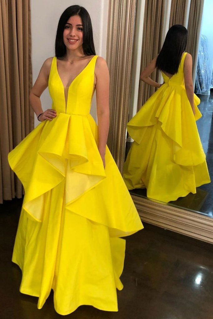 Bright Yellow Wavy High Low Peplum Prom Gown Deep V Neckline With Nude Tulle - Click Image to Close