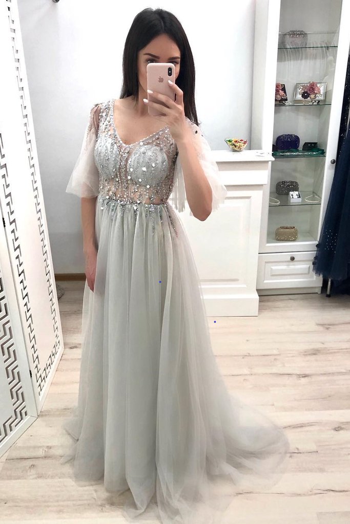 Classy Sheer Bodice Flutter Bat Sleeves Grey Tulle Prom Gown Masque Party - Click Image to Close