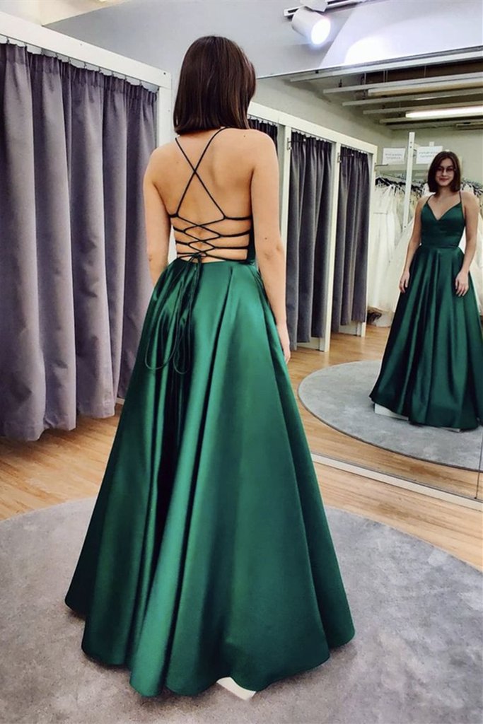 Designer Straps Ties Cross Back Emerald Green Floor Length Evening Gowns - Click Image to Close