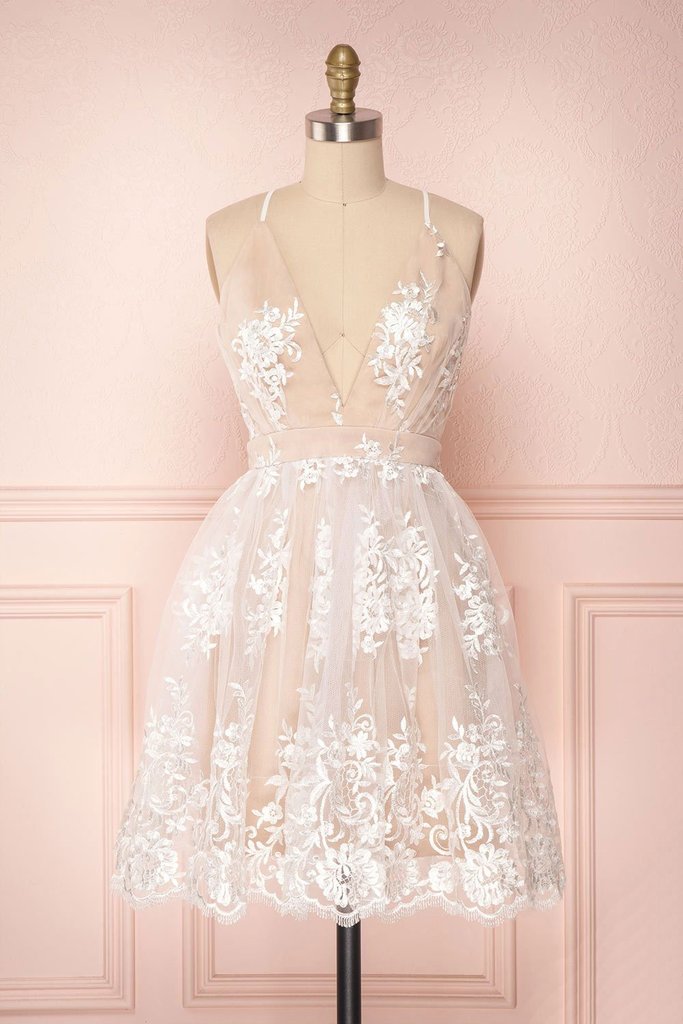 Nude Lining Off White Lace Cocktail Homecoming Dress With Straps Cross Back - Click Image to Close