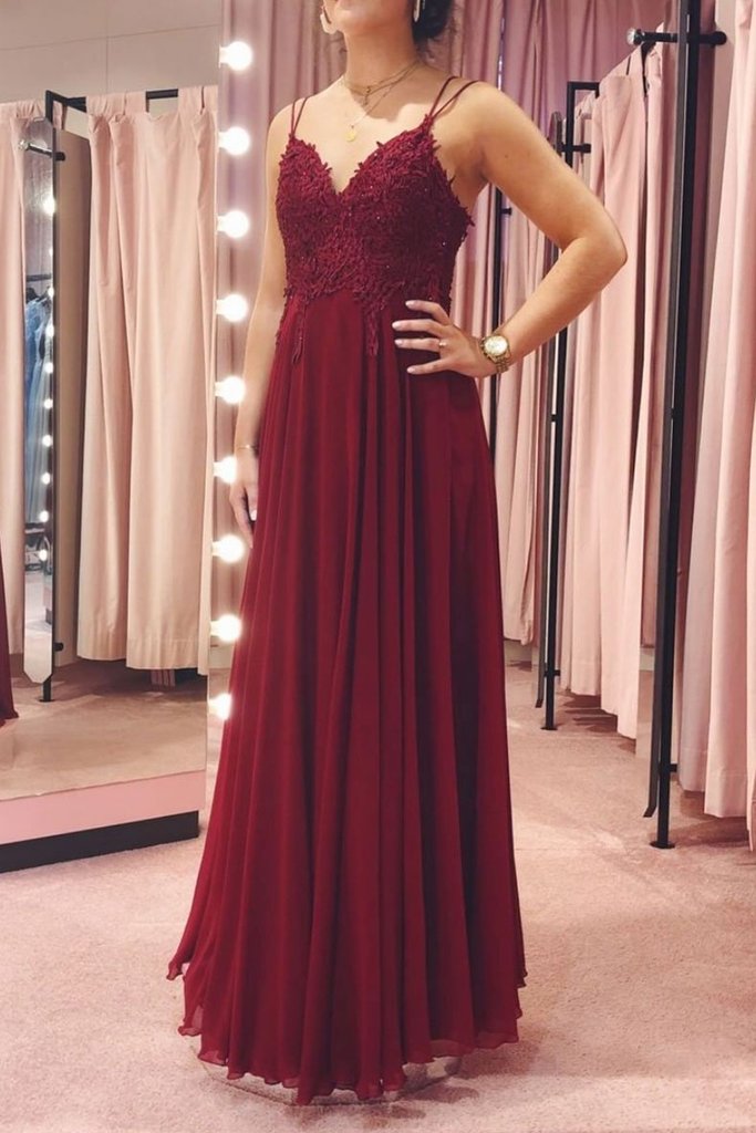 Branching Forking Four Spaghetti Straps Wine Red Prom Evening Dress With Applique - Click Image to Close