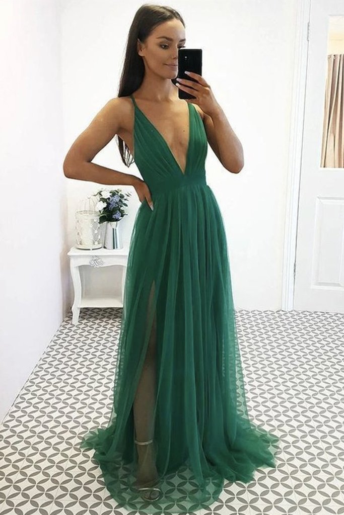 Deep V Neck Ruched Bodice Hunter Green Evening Gown Night Pub Dress With Slit - Click Image to Close