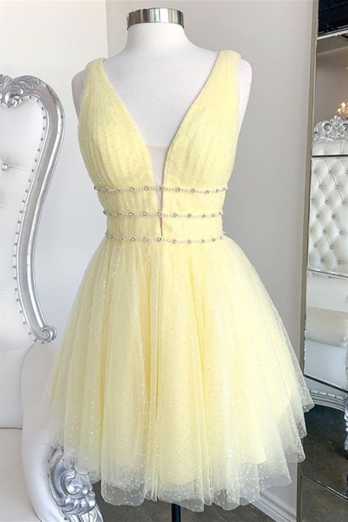 Wide Straps Fine-scale Wrinkles Daffodil Sparkle Tulle Short Graduation Cocktail Dress - Click Image to Close