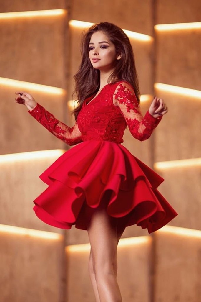 Sexy Long Lace Sleeves Tiered Mini Skirt Red Cocktail Party Dress V Neck - Click Image to Close