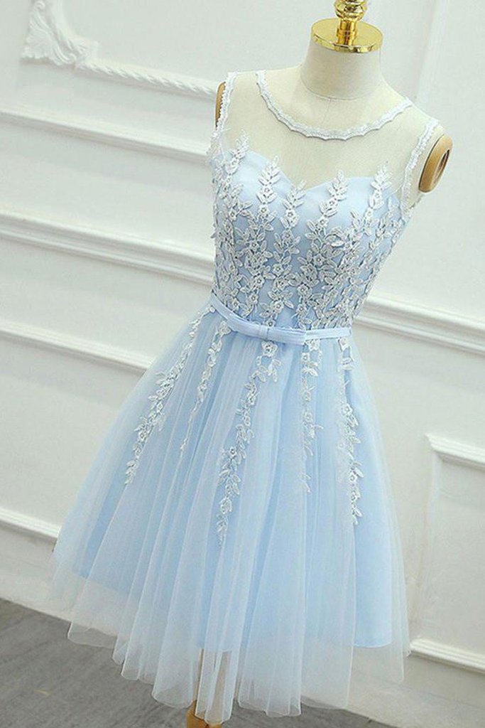 Scoop Keyhole Back Baby Blue Short Prom Dress With Narrow Sash - Click Image to Close