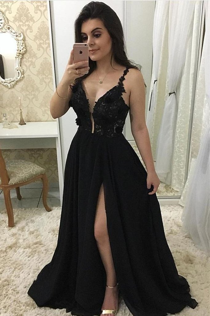 Floral Double Straps High Slit Skirt Evening Night Party Dress With Applique - Click Image to Close