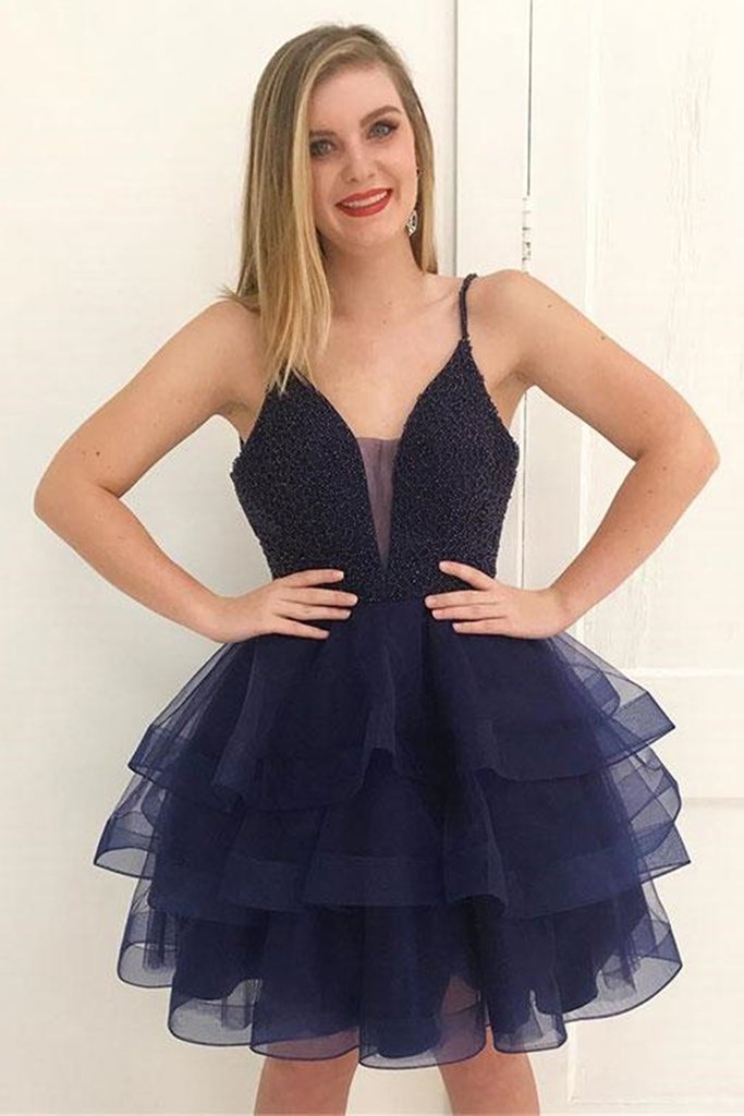 Tiered Horsehair Edging 3 Layers Skirt Beaded Cocktail Dress Navy Blue - Click Image to Close