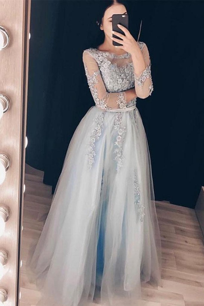 Demure Transparent Scoop 3/4 Sleeves Applique Long Prom Evening Dress With Belt - Click Image to Close