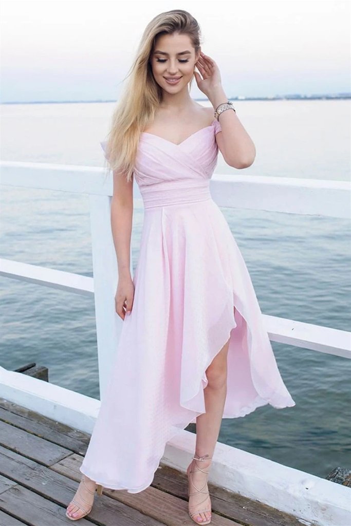 Off Shoulder Irregular High Low Hemline Pink Bridesmaid Dress Bestie Group - Click Image to Close