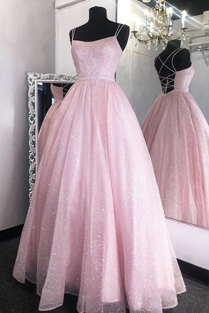 Twinkle Spaghetti Strap Beaded Belt Sparkle Tulle Pink Prom Gown Little Puffy - Click Image to Close