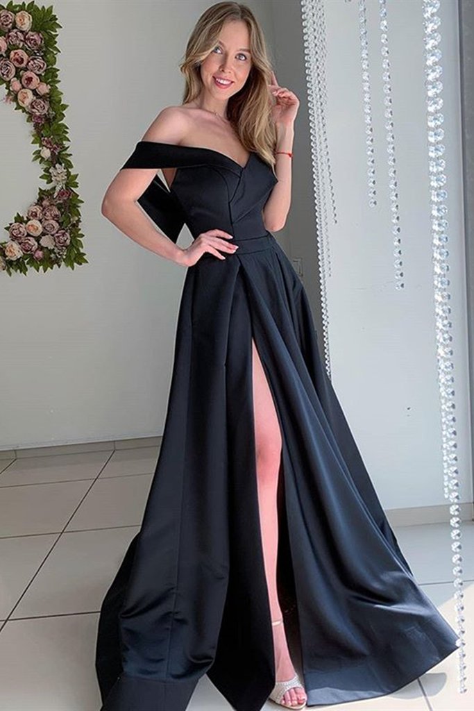 Designer Off Shoulder Black Thick Satin Prom Evening Dress With Right Slit - Click Image to Close